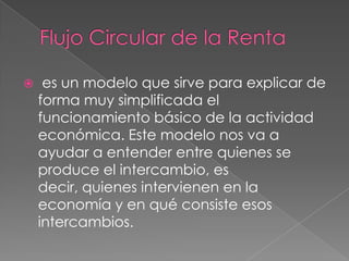  es un modelo que sirve para explicar de
forma muy simplificada el
funcionamiento básico de la actividad
económica. Este modelo nos va a
ayudar a entender entre quienes se
produce el intercambio, es
decir, quienes intervienen en la
economía y en qué consiste esos
intercambios.
 