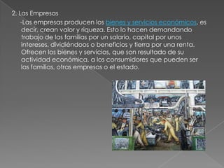 2. Las Empresas
-Las empresas producen los bienes y servicios económicos, es
decir, crean valor y riqueza. Esto lo hacen demandando
trabajo de las familias por un salario, capital por unos
intereses, dividiéndoos o beneficios y tierra por una renta.
Ofrecen los bienes y servicios, que son resultado de su
actividad económica, a los consumidores que pueden ser
las familias, otras empresas o el estado.
 