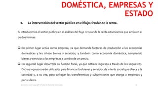 DOMÉSTICA, EMPRESAS Y
ESTADO
2. La intervención del sector público en el flujo circular de la renta.
Si introducimos el sector público en el análisis del flujo circular de la renta observamos que actúa en él
de dos formas:
 En primer lugar actúa como empresa, ya que demanda factores de producción a las economías
domésticas y les ofrece bienes y servicios, y también como economía doméstica, comprando
bienes y servicios a las empresas a cambio de un precio.
 En segundo lugar desarrolla su función fiscal, ya que obtiene ingresos a través de los impuestos.
Dichos ingresos serán utilizados para financiar los bienes y servicios de interés social que ofrece a la
sociedad y, a su vez, para sufragar las transferencias y subvenciones que otorga a empresas y
particulares.
Economics is all, Copyright © Todos los Derechos Reservados. 16
 