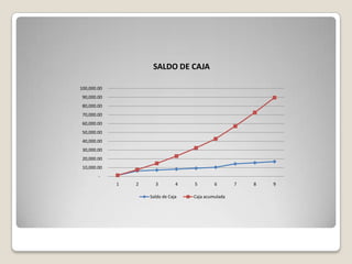 SALDO DE CAJA

100,000.00
 90,000.00
 80,000.00
 70,000.00
 60,000.00
 50,000.00
 40,000.00
 30,000.00
 20,000.00
 10,000.00
        -
             1   2     3         4   5        6       7   8   9

                     Saldo de Caja   Caja acumulada
 