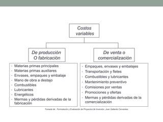 • Materias primas principales 
• Materias primas auxiliares 
• Envases, empaques y embalaje 
• Mano de obra a destajo 
• Combustibles 
• Lubricantes 
• Energéticos 
• Mermas y pérdidas derivadas de la 
fabricación 
Costos 
variables 
De venta o 
comercialización 
• Empaques, envases y embalajes 
• Transportación y fletes 
• Combustibles y lubricantes 
• Mantenimiento preventivo 
• Comisiones por ventas 
• Promociones y ofertas 
• Mermas y pérdidas derivadas de la 
comercialización 
De producción 
O fabricación 
Tomada de : Formulación y Evaluación de Proyectos de Inversión. Juan Gallardo Cervantes. 
 