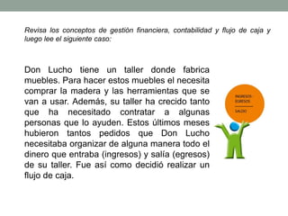 Revisa los conceptos de gestión financiera, contabilidad y flujo de caja y 
luego lee el siguiente caso: 
Don Lucho tiene un taller donde fabrica 
muebles. Para hacer estos muebles el necesita 
comprar la madera y las herramientas que se 
van a usar. Además, su taller ha crecido tanto 
que ha necesitado contratar a algunas 
personas que lo ayuden. Estos últimos meses 
hubieron tantos pedidos que Don Lucho 
necesitaba organizar de alguna manera todo el 
dinero que entraba (ingresos) y salía (egresos) 
de su taller. Fue así como decidió realizar un 
flujo de caja. 
 