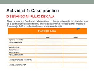 Actividad 1: Caso práctico 
DISEÑANDO MI FLUJO DE CAJA 
Ahora, al igual que Don Lucho, debes realizar un flujo de caja que te permita saber cuál 
es el saldo acumulado que tiene tu empresa actualmente. Puedes usar de modelo el 
flujo de caja de Don Lucho que te mostramos a continuación. 
