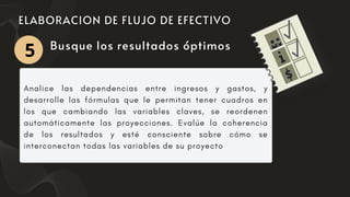 Analice las dependencias entre ingresos y gastos, y
desarrolle las fórmulas que le permitan tener cuadros en
los que cambiando las variables claves, se reordenen
automáticamente las proyecciones. Evalúe la coherencia
de los resultados y esté consciente sobre cómo se
interconectan todas las variables de su proyecto
Busque los resultados óptimos
5
 
