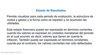 Carlos Mario Morales C © 2019
Permite visualizar para cada periodo de evaluación, la estructura de
costos y gastos y la forma como se reparten y se acumulan las
utilidades.
Este estado financiero puede ser expresado en términos corrientes,
cuando los valores se expresan en unidades monetarias del periodo
en el cual ocurren; es decir, valores que tienen en cuenta la
inflación. También puede ser expresado en términos constantes,
cuando por el contrario, los valores corrientes han sido deflactados
Estado de Resultados
 