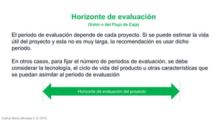 Carlos Mario Morales C © 2019
El periodo de evaluación depende de cada proyecto. Si se puede estimar la vida
útil del proyecto y esta no es muy larga, la recomendación es usar dicho
periodo.
En otros casos, para fijar el número de periodos de evaluación, se debe
considerar la tecnología, el ciclo de vida del producto u otras características que
se puedan asimilar al periodo de evaluación
Horizonte de evaluación
(Valor n del Flujo de Caja)
Horizonte de evaluación del proyecto
 