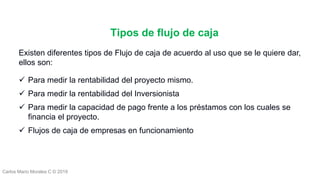Carlos Mario Morales C © 2019
Existen diferentes tipos de Flujo de caja de acuerdo al uso que se le quiere dar,
ellos son:
 Para medir la rentabilidad del proyecto mismo.
 Para medir la rentabilidad del Inversionista
 Para medir la capacidad de pago frente a los préstamos con los cuales se
financia el proyecto.
 Flujos de caja de empresas en funcionamiento
Tipos de flujo de caja
 