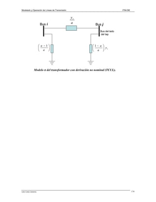 Modelado y Operación de Líneas de Transmisión

Bus i

ITM-DIE

yt
a

Bus j
Bus del lado
del tap

⎛ a −1⎞
⎜
⎟
⎝ a ⎠

⎛1− a ⎞
⎜
⎟ yt
⎝ a ⎠

Modelo π del transformador con derivación no nominal (TCUL).

Lino Coria Cisneros

174

 