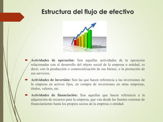  Actividades de operación: Son aquellas actividades de la operación
relacionadas con el desarrollo del objeto social de la empresa o entidad, es
decir, con la producción o comercialización de sus bienes, o la prestación de
sus servicios.
 Actividades de inversión: Son las que hacen referencia a las inversiones de
la empresa en activos fijos, en compra de inversiones en otras empresas,
títulos, valores, etc.
 Actividades de financiación: Son aquellas que hacen referencia a la
adquisición de recursos para la empresa, que van desde las fuentes externas de
financiamiento hasta los propios socios de la empresa o entidad.
Estructura del flujo de efectivo
 