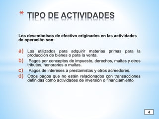 Los desembolsos de efectivo originados en las actividades
de operación son:
a) Los utilizados para adquirir materias primas para la
producción de bienes o para la venta.
b) Pagos por conceptos de impuesto, derechos, multas y otros
tributos, honorarios o multas.
c) Pagos de intereses a prestamistas y otros acreedores.
d) Otros pagos que no estén relacionados con transacciones
definidas como actividades de inversión o financiamiento
*
4
 