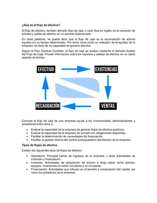 ¿Qué es el flujo de efectivo?
El flujo de efectivo, también llamado flujo de caja, o cash flow en inglés, es la variación de
entrada y salida de efectivo en un periodo determinado.
En otras palabras, se puede decir que el flujo de caja es la acumulación de activos
líquidos en un tiempo determinado. Por tanto, sirve como un indicador de la liquidez de la
empresa, es decir de su capacidad de generar efectivo.
Según el Plan General Contable, el flujo de caja se analiza mediante el llamado Estado
del Flujo de Caja. Provee información sobre los ingresos y salidas de efectivo en un cierto
espacio de tiempo.
Conocer el flujo de caja de una empresa ayuda a los inversionistas, administradores y
acreedores entre otros a:
 Evaluar la capacidad de la empresa de generar flujos de efectivo positivos.
 Evaluar la capacidad de la empresa de cumplir con obligaciones adquiridas.
 Facilitar la determinación de necesidades de financiación.
 Facilitar la gestión interna del control presupuestario del efectivo de la empresa.
Tipos de flujos de efectivo
Existen los siguientes tipos de flujos de efectivo:
 Operativos: Principal fuente de ingresos de la empresa u otras actividades de
inversión y financiación.
 Inversión: Actividades de adquisición de activos a largo plazo como plantas,
equipos, inversiones en activo circulante y no circulante.
 Financiación: Actividades que influyen en el tamaño y composición del capital, así
como los préstamos de la empresa.
 