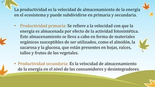 La productividad es la velocidad de almacenamiento de la energía
en el ecosistema y puede subdividirse en primaria y secundaria.
• Productividad primaria: Se refiere a la velocidad con que la
energía es almacenada por efecto de la actividad fotosintética.
Este almacenamiento se lleva a cabo en forma de materiales
orgánicos susceptibles de ser utilizados, como el almidón, la
sacarosa y la glucosa, que están presentes en hojas, raíces,
tallos y frutos de los vegetales.
• Productividad secundaria: Es la velocidad de almacenamiento
de la energía en el nivel de los consumidores y desintegradores.
 