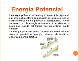 La energía potencial es la energía que mide la capacidad 
que tiene dicho sistema para realizar un trabajo en función 
exclusivamente de su posición o configuración. Puede 
pensarse como la energía almacenada en el sistema, o 
como una medida del trabajo que un sistema puede 
entregar. 
La energía potencial puede presentarse como energía 
potencial gravitatoria, energía potencial electrostática, 
y energía potencial elástica. 
 