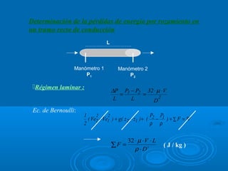 Determinación de la pérdidas de energía por rozamiento en
un tramo recto de conducción
                                             L




                         Manómetro 1                Manómetro 2
                             P1                         P2

 Régimen laminar :
                                                 ∆P P1 − P2 32 ⋅ µ ⋅ V
                                                    =      =      2
                                                  L    L      D
 Ec. de Bernoulli:
                               1     2     2                     P P
                                 ( Ve2 − Ve1 ) + g( z2 − z1 ) + ( 2 − 1 ) + ∑ F = W
                               2                                 ρ ρ

                                                          32 ⋅ µ ⋅ V ⋅ L
                                                  ∑F =
                                                                                   ( J / kg )
                                                             ρ ⋅ D2
 