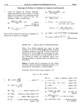 4 - 20                          CAPíTULO 4 - EJEMPLOS DE PROBLEMAS DE FLUJO                                                        CRANE


                     Descarga de fluidos en sistemas de tuberías (continuación)

 z   Como los factores de fricción supuestos,                               K = 0.021 x 6 x 1000
                                                                                                 = ll.9
     usados para tubería recta en el paso 3, no coin-                             52.5 x 0.674
     ciden con los basados en el caudal aproximado,
     deberán corregirse los factores K para estos                                    0.021 x 20 x 12
                                                                            K=                            = 12.1
     elementos y para el sistema total.                                               2.067 x 0.67~

     K = 0.020 x 3 x 1000 = 0.77              3 metros                      Y        KTOTAL        = 0.5 + 1.08 •t 0.14 + 0.77 +
                 77.9                                                                                    11.9 + 5.0 + 1.37 = 20.76
                                           (10 pies) de
                                 tubería de 3 pulgadas
     K = 0.020 x 10 x 1 2 = o . 78                                                    KTOTAL       = 0.5 + 1.08 + 0.14       + 0.78 +
              j.068                                                                                     12.1   + 5.0+ 1.37      = 21.0



Para 6 metros (20 pies) de tubería de 2 pulgadas, en               8.       Q = 0.2087        x   77.92 J3.5 + 20.76 = 520 litros/min
función de la tubería de 3 pulgadas;
                                                                            Q = 19.65 x 3.068~ dr 1.5              + 21   = 137
                                                                                                                            galones/minuto



                            Ejemplo 4-20 . . . Vapor de agua a la velocidad del sonido


                            Datos: Una caldera pequeña con vapor de agua
                            saturado a 12 bar (170 libras/pulg$) absolutos, alimenta
                            un digestor de pulpa a través de 10 metros (30 pies) de
                            tubería, de 2” de acero ISO 336, con paredes de 4 mm
                            de espesor, la cual contiene un codo estándar de 90” y
                            una válvula de asiento con obturador cónico com-
                            pletamente abierto. La presión inicial en el digestor es la
                            atmosférica.

                            Háflese: El caudal inicial en kilogramos por hora (libras
                            por hora), usando la fórmula modificada de Darcy y las
                            ecuaciones de continuidad y velocidad sónica.

                            Soluciones: Para la teoría, véase la página 1- ll.

                                                Fórmula   de   Darcy    modificada


                                                                           K= 1.0             . . . salida al digestor; página A-49
1.
                   J
     W = 1.265Y d2 @
                  KV,
                                   . . . . . . página 3-7         3.       Y = 1.3 k=1.3 . . . . . . . . . . . . . . . página A-16
                                                                           d = 52.3 2.067. . d* = 4.272. . . página B-28
                  AP
     W= 1891 Yd* -                                                         fT = 0.019              ................          página A-46
                J K VI
                                                                           E= 0.1632 2.6738 . . . . . . . . . . .            página A-23
     K = f+        . . . . . . . . . tubería; ecuación 3-14                K= 0.019x 10x 1000
                                                                  4.                                 = 3.63    10 metros de
                                                                                        52.3                        tubería
2.   K,= 340fT     . válvula de asiento; página A-47
                                                                               0.019 x jo x 12
     K=30fT        . . . . . .codo de 90’; página A-49                     K=                   = 3.3 I pies de tubería
                                                                                     2.067
     K=0.5       . . . . entrada, después de la caldera;                   K, = 340 x 0.019 = 6.46 . . . válvula de asiento
                                           página A-49                                                       de 2 pulgadas
 