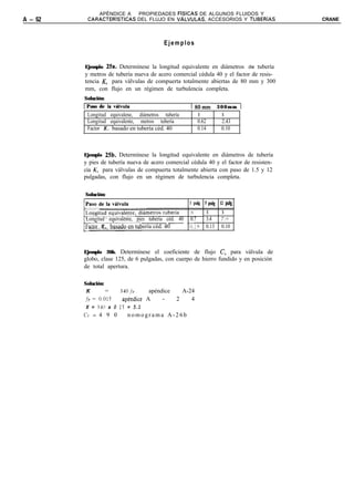 APÉNDICE A - PROPIEDADES FíSICAS DE ALGUNOS FLUIDOS Y
A-52    CARACTERíSTICAS DEL FLUJO EN VALVULAS, ACCESORIOS Y TUBERiAS                   CRANE



                                        Ejemplos


       Ejemplo 25a. Determínese la longitud equivalente en diámetros de tubería
       y metros de tubería nueva de acero comercial cédula 40 y el factor de resis-
       tencia K, para válvulas de compuerta totalmente abiertas de 80 mm y 300
       mm, con flujo en un régimen de turbulencia completa.
       Solución:
       1Paso de la vilvula                          I80mm I 3 0 0 m m I
        Longitud equivalene, diámetros tubería         8             8
        Longitud equivalente, metros tubería           0.62          2.43
        Factor K. basado en tubería céd. 40            0.14          0.10



       Ejemplo 25b. Determínese la longitud equivalente en diámetros de tubería
       y pies de tubería nueva de acero comercial cédula 40 y el factor de resisten-
       cia K, para válvulas de compuerta totalmente abierta con paso de 1.5 y 12
       pulgadas, con flujo en un régimen de turbulencia completa.

       Solución:
                                                   1 Pa!   5 PQ      12 P@
                                                     8        8      8
       Longitud equivalente, pies tubería céd. 40 .~~~
                                           __- 0.7            3.4    7.9
       Factor K, basado en tubería céd. 40           0.1      0.13   0.10



       Ejemplo 26b. Determínese el coeficiente de flujo CV        para válvula de
       globo, clase 125, de 6 pulgadas, con cuerpo de hierro fundido y en posición
       de total apertura.

       Solución:
        K       =   34Of~.      apéndice   A-24
       ,fr = 0.015   .apéndice A     -   2    4
        K = 340 x 0 15 = 5.1
       Cr = 4 9 0       nomograma A-26b
 