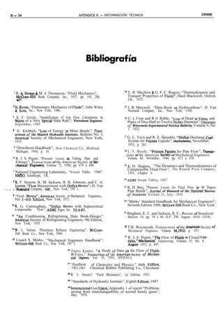 B - 34                                         APÉNDICE    B - INFORMACIÓN TÉCNICA                                             CRANE




                                                         Bibliograf Ía


       ’ R. 4, Dodge & M. J. Thompson, “Fluid Mechanics”,                       l4 Y. R. Mayhew & G. F. C. Rogers, “Thermodynamic and
         McGraw-Hill Book Company, Inc., 1937; pp. 193, 288,                       Tranqort Properties of Fluids”; Basil Blackwell, Oxford,
                                                                                   UK, 1972.

      ‘H. Rouse, “Elementary Mechanics of Fluids”; John Wiley                   r5 J. B. Maxwell, “Data Book on Hydrocarbons”; D. Van
       & Sons, Inc., New York, 1946.                                               Nostrand Company, Inc., New York, 1950.
      3 B. F. Grizzle, “Simplification of Gas Flow Calculations by              l6 C. 1. Corp and R 0. Ruble, “Loss of Head in Valves and
        Means of a New Special Slide Rule”; Petroleum Engineer,                    Pipes of One-Half to Twelve Inches Diameter”; University
        September, 1945.                                                           of Wisconsin Experimental Station Bulletin, Volume 9, No.
                                                                                   1. 1922.
      4 H. Kirchbach, “Loss of Energy in Miter Bends”; Trans-
       actions of the Munich Hydraulic Institute, Bulletin No. 3,
       Ameritan Society of Mechanical Engineers, New York,                      ” G. L. Tuve and R. E. Sprenkle, “Orifice Discharge Coef-
       1935.                                                                      ficients for Viscous Liquids”; Instruments, November,
                                                                                  1933; p. 201.
      ’ “Dowtherm Handbook”; Dow Chemical Co., Midland,
        Michigan, 1954; p. 10.                                                  ” L. F. Moody, “Friction Factors for Pipe Flow”; Transac-
                                                                                _tions of the American Sockfty of Mechanical Engineers,
      ’ R. J. S. Pigott, “Pressure Losses in Tubing, Pipe, and                    Volume 66, November, 1944; pp. 671 a 678.
        Fittings”; Transactions of the American Society of Me-
        chanical E@wers, Volume 72, 1950; pp. 679 a 688.                        19A. H. Shapiro, “The Dynamics and Thermodynamics of
                                                                                  Compressible Fluid Flow”; The Ronald Press Company,
      ’ National Engineering Laboratory, “Steam Tables ‘1964”;                     1953, Chapter 6.
        HUSO Edinburgh, UK.
                                                                                “ASME Steam Tables, 1967.
            ‘R. F. Stearns, R. M. Jackson, R. R. Johnson, and C. A.
              Larson, “Flow Measurement with Orifice Meters”; D. Van            21 K. H. Beij, “Pressure Losses for Fluid Flow in 90 Degree
-‘ir. t i + 2 N&rahd Company, Irrls;, New York, 195 1.                             Pipe Bends”; Journal of Research of the National Bureau
                                                                                   of Standards, Volume 21, July, 1938.
      9 “Fluid Meters’:;.American Society of Mechanical Engineers,
        Part l-6th Edrtron, New York, 1971
                                                                                22 “Marks’ Standard Handbook for Mechanical Engineers”;
     ‘OR. G. Cunningham, “Orifice Meters with Supercritical                        Seventh Edition 1966, McGraw-Hill Book Co., New York.
       Compressible Flow”; ASME Paper No. 50-A45.
                                                                                23 Bingham, E. C. and Jackson, R. F., Bureau of Standards
     l1 “Air Conditioning Refrigerating Data Book-Design,”                         Bulletin 14; pp. 58 a 86 (S.P. 298, August, 1916) (1919).
        Ameritan Society of Refrigerating Engineers, 9th Edition,
        New York, 1955.
                                                                                24 T.R. Weymouth, Transactions of the Ameritan Society Of
     “W. L. Nelson, “Petroleum Refinery Engineering”; McGraw-                      Mechanical Engineers, Volume 34,1912; p. 197.
       Hill Book Co., New York, 1949.
                                                                                25 R. J. S. Pigott, “The Flow of Fluids in Closed Con-
     l3 Lionel S. Marks, “Mechanical Engineers Handbook”;                          duits,“Mechanical   Engineering, Volume 55, No. 8,
        McGraw-Hill Book Co., New York, 195 1.                                     August 1933, p. 497.
                                           26 Emory Kemler, “A Study of Data on the Flow of Fluids
                                              in Pipes,” Transactions of the Ameritan Society of Mechan-
                                              ical Engineers, Vol. 55, 1933, HYD-55-2.

                                             “Handbook     of Chemistry and Physics,” 44th EdiTion,
                                             1962-1963    Chemical Rubber Publishing Co., Cleveland.
                                           “V. L. Streete?, “Fluid Mechanics”, 1st Editlon, 1951.
                                           29 “Standards of Hydraulic Institute”, Eighth Edltion, 1947.
                                           301nternational Gas Union, Appendix 1 of report “Problems
                                             arising from interchangeability of second family gases”;
                                             May, 1976.
 