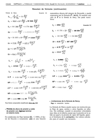 CRANE              CAPiTULO     3 - FÓRMULAS Y NOMOGRAMAS PARA FLUJCi                       EN VÁLVULAS, ACCESORIOS Y TUBERíAS                           3-3

                                                           Resumen de fórmulas (continuación)
    Fórmula   de   Darcy:                                         Ecuación   3-5   matemática directa del número de Reynolds y puede
              L va                                                                 expresarse por la fórmula f = 64/R,. Al sustituir este
                                                                                   valor de f en la fórmula de Darcy, ésta puede reescri-
              -=+
        hL = *D 2g,
                                                                                   birse:
                     fzq’ = 22 950 Ec
       hL = 8265~10’“~

                                                                                          hL = 3263 .!$                                               EcuaciOn   3-6
       hL = 161 200% = 6 376 OO0 &

                                                                                         hL      = 41 550 x lo5 $$ = 69 220 $f
       Ap = 0.005 y = 0.00000139 '7

                                                                                         hL = 183 500 $$ = 1 154 000 $$
       Ap = 81 055 x lOs d” -_ 2.252 q
                         *LP@

                                                                                          AP = 0.32 F = 407 400 PLq
       Ap = 15.81 &$!’ = 625.3 ‘TV                                                                              d”

       Ap = 2 6g f~T(q;l)2&                                                              Ap = 6.79 MLQ _ 18 !!It!
                                                                                                   d4 -
                                                                                                              d4
                                  d5p’
                                                                                         Ap = 113.2 -w
       Ap = 936.5 fL($%'                                                                             d4P


                                                       fLv2                                                PLV
         h, =           f-2 =                0.186j      d                                     h, = 0.0962 -r
                        Ll 2¿?                                                                               ,           P

                                                                                                         l-h
                                                                                               h,, - 17.65~                  = 0.0?93      d-Q
         hL = 6 2 6 0 y =                      0.03     I 1q                                                                            -&-

                                                                  fLWV                                             JJ3          @LlY’
                                    fLB2                                                       h, = 0.027j         7 = 0.004 90 __
         h, = 0.015 2 4 7 =                            0.00048~   7                                                              d’ P 2

                                                                     .íLPV2               A P = o.ooo
                                                                                                                       /ALL!       Pb
                                                                                                                 6 6 8 di = 0.1225 __
                                        fLPV2
       A P         =     0.001    294     ---J--   =                                                                                             d4
                                                       O.Ooo Oo0 3 59 d

                                                                                         AP = o.ooo                                              d-B
                 fLpq2                                                                                       273        ~!$$ =     0.000     191 T
       AP = 43.5 dj                        = o.ooo 216 q

                                                                                          AP = 0.000             0340        d-w
                                                                                                                             d'p
       AP = o.ooo                 ,058 y = O.OOOOOJ ~6q


       AP = 0.000 ooo 007 26 fL~(q'*)2&
                                                        d5P’

       AP = o.ooo 000 019 59 -fLwh)2&
                                 d5P
                                                                                   l   Limitaciones de la fórmula de Darcy
Para fluido compresible simplificado vhse p8g. 3-42                                    Fluio    no compresible: líquidos:


                                                                                   La fórmula de Darcy puede usarse sin restricción pa-
l    Perdida de altura de presión y caída                                          ra flujo de agua, aceites y otros líquidos en tube-
     de presión con r6gimen laminar                                                rías. Sin embargo, cuando se presentan velocidades
     en tubería recta:                                                             muy altas en la tubería causan que la presión en la sa-
                                                                                   lida sea igual a la presión de vapor del líquido, apare-
En condiciones de flujo laminar (Z?, < 2 000), el fac-                             ce el fenómeno de la cavitación y los valores calcula-
tor de fricción o rozamiento ~610 es una función                                   dos para el caudal son inexactos.
 