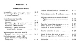 APÉNDICE B

                     Información técnica
                                                                        Sistema Internacional de Unidades (SI). .                          B-ll
Introducción . . . . . . . . . . . . . . . . . . . . . . . . .    B-l
Volumen equivalente y caudal de masa                                    Tablas de conversión de unidades. . . . . . .                      B-13
   de fluidos compresibles. . . . . . . . . . . . . .             B-2
                                                                        Flujo en tuberías de acero de cédula 40
Equivalencias de viscosidad                                               Agua..............................                               B-16
  Absoluta (dinámica). . . . . . . . . . . . . . . . .            B-4     Aire...............................                              B-18
  Cinemática . . . . . . . . . . . . . . . . . . . . . . . . .    B-4
  Cinemática y Saybolt Universal. . . . . . .                     B-5   Tuberías comerciales de acero. . . . . . . . . .                   B-21
  Cinemática y Saybolt Furol. . . . . . . . . .                   B-5   Datos técnicos de las tuberías. . . . . . . . . . .                B-23
  Cinemática, Saybolt Universal,                                        Tuberías de acero inoxidable. . . . . . . . . . .                  B-27
    Saybolt Furo1 y Absoluta. . . . . . . . . .                   B-6
                                                                        Tuberías comerciales de acero. . . . . . . . . .                   B-28
Nomograma de viscosidad Saybolt
  Universal . . . . . . . . . . . . . . . . . . . . . . . . . .   B-8   Datos técnicos del vapor de agua. . . . . . .                      B-30
Equivalencias entre grados API,                                         Potencia requerida para bombeo. . . . . . . .                      B-31
  grados Baumé, peso específico y
  densidad...........................                             B-9   Bibliografía . . . . . . . . . . . . . . . . . . . . . . . . . .   B-34
 