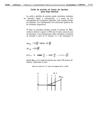 CRANE   CAPíTULO 3 - FÓRMULAS Y NOMOGRAMAS PARA FLUJO EN VÁLVULAS, ACCESORIOS Y TUBERíAS   3 - 21


                              Caída de presión en líneas de líquidos
                                        para flujo laminar

                       La caída o pérdida de presión puede calcularse mediante
                    las fórmulas dadas a continuación, o a partir de los
                       nomogramas de las páginas siguientes, sólo cuando el flujo
                       sea laminar. Los nomogramas son soluciones gráficas de
                       las fórmulas respectivas.

                       El flujo se considera laminar cuando el número de Rey-
                       nolds es inferior o igual a 2 000; por lo tanto, antes de usar
                       las fórmulas o los nomogramas, debe calcularse el número
                       de Reynolds a partir de la ecuación 3-3 o del nomograma II


                               =32L$!= 4074x 1oq
                       Apmo

                       AplOO =6799


                       APIoa     =    0.0668 5 = 12.25 2 = 0.027~ ~
                                                                                  PQ
                                                                  d4

                       donde A,qoo es la caída de presión por cada 100 metros de
                       tubería, expresada en bar.

                               (Para los valores de d, véanse las páginas B-21 a B-26)




                                      P                         Qq
                                                     1
                                                            d
                                                                       AP,CKJ
 