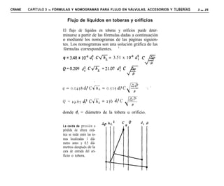 CRANE   CAPiTULO 3 - FÓRMULAS Y NOMOGRAMAS PARA FLUJO EN VÁLVULAS, ACCESORIOS Y TUBERíAS   3 - 25


                            Flujo de líquidos en toberas y orificios

                         El flujo de líquidos en toberas y orificios puede deter-
                         minarse a partir de las fórmulas dadas a continuación
                         o mediante los nomogramas de las páginas siguien-
                         tes. Los nomogramas son una solución gráfica de las
                         fórmulas correspondientes. !. 1 S
                         q =3.48 x lo-,6 di, C* = 3.51 x 1O-4 d; c

                         Q=O.209        d; Cfl =21.07   d; C




                         (2 = 19.67 d? CGL = 236 d12C

                         donde d, = diámetro de la tobera u orificio.


                         La caída de presión o
                         pérdida de altura está-
                         tica se mide entre las to-
                         mas localizadas 1 diá-
                         metro antes y 0.5 diá-
                         metros después de la
                         cara de entrada del ori-
                         ficio o tobera.
 