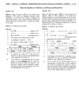CRANE      CAPITULO 3 - FORMULAS Y NOMOGRAMAS PARA FLUJO EN VÁLVULAS, ACCESORIOS Y TUBERíAS                       3 - 27


                            flujo de líquidos en toberas y orificios (continuación)

Ejemplo 10-a                                                      Ejemplo 10-b

Datos: El flujo de agua a 1YC en una tubería de6                  Datos: El flujo de agua a 60°F en una tubería de 6
pulgadas, 150.7 mm de diámetro interior, debe                     pulgadas cédula 40, debe restringirse a 225 galones por
restringirse a 850 litros por minuto, mediante un                 minuto mediante un orificio de cantos vivos, en don-
orificio de cantos vivos, a través del cual habrá una             de debe haber una altura diferencial de presión de 4
altura diferencial de presión de 1.2 metros de colum-             pies de agua, medida entre las tomas localizadas a un
na de agua.                                                       diámetro antes y 0.5 diámetro después de la cara de
                                                                  entrada de la tobera u orificio.
Hállese: El diámetro del orificio.                                Háilese: el diámetro del orificio.
Solución:                                                         Solución:
   1.   p = 999. . . . . . . . . . . . . . . . página A-10           r.    p = 62.371       . ( p á g i n a    A - l l )
  2.     u = 1.1 . . . . . . . . . . . . .   . . . . página A-4      2.   Ir = 1.1          .               (página A-5)
   3.    R,= 110 000. . . . . . . . .        . nomograma II-a        3>   R, = 105      ooo = (1.05. x 10~)
                                                                                                     (nomograma II-b)
   4.    Al suponer una relación             fl de 0.50
                                                                     4.   Suponiendo una relación fl de 0.50
  5.     d, (diámetro interior) =            150.7
                                                                     5.   dz = 6.065    (página                   A-24)
   6.    d, = 0.50 d, = 0.50 x 150.7 = 75.35
                                                                     6.   4 = 0.50 dz = (0.50 x 6 . 0 6 5 ) = 3.0~3
   7.    C = 0.62 . . . . . . . . . . . . . . . página A-38
                                                                    7.    C =    0.62       . ( p á g i n a   A - 3 8 )


                                                                    8.     xi
                                                                    9.
 10.     Un diámetro del orificio de 77 mm será satis-
         factorio, ya que se acerca razonablemente al              IO.     Un diámetro de orificio de 3 pulgadas es sa-
         valor supuesto en el paso 6.                                      tisfactorio, ya que se aproxima razonable-
 ll.     Si el valor de d, determinado por el nomo-                        mente al calor supuesto en el paso 6.
         grama es más pequen0 que el valor su-                     II.     Si el valor de d, determinado por el
         puesto en el paso 6, repetir los pasos 6 a 10                     nomograma es menor que el valor supuesto
         inclusive, usando valores supuestos reduci-                       en el paso 6, repítanse los pasos 6 a 10 in-
         dos para d,, hasta que concuerde con el va-                       clusive, usando valores supuestos reducidos
         lor determinado en el paso 9.                                     para d, hasta que concuerde razonablemente
                                                                           con el valor determinado en el paso 9.
 