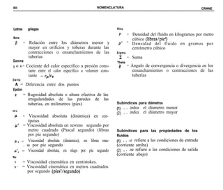 XII                                             NOMENCLATURA                                                  CRANE




Letras     griegas                                         Rho
                                                            P      = Densidad del fluido en kilogramos por metro
Beta                                                                 cúbico (libras/pie3)
 P       = Relación entre los diámetros menor y             p’     = Densidad del fluido en gramos por
           mayor en orificios y toberas durante las                  centímetro cúbico
           contracciones o ensanchamientos de las          Sigma
           tuberías                                         z:     = Suma
Gamma                                                      Theta
y o k = Cociente del calor específico a presión cons-       0      = Ángulo de convergencia o divergencia en los
         tante entre el calor específico a volumen cons-             ensanchamientos o contracciones de las
         tante = CpICll                                              tuberías
Delta
 A = Diferencia entre dos puntos
Epsilon
 ê      = Rugosidad absoluta o altura efectiva de las
           irregularidades de las paredes      de   las
           tuberías, en milímetros (pies)                  Subíndices para diámetros
                                                           (1) * * .indica el diámetro menor
MU
                                                           (2) * * .indica el diámetro mayor
 P       = Viscosidad absoluta (dinámica) en cen-
            tipoises
 I-(’    = Viscosidad absoluta en newtons segundo por
            metro cuadrado (Pascal segundo) (libras        Subíndices para las propiedades de los
            por pie segundo)                               fluidos
 PL.    = Viscosidad absoluta (dinámica), en libras ma-    (1) * * .se refiere a las condiciones de entrada
         . sa por pie segundo                              (corriente arriba)
  t                                                        (2) * * .se refiere a las condiciones de salida
 PC     = Viscosidad absoluta, en slugs por pie segundo
                                                           (corriente abajo)
Nu
 V      = Viscosidad cinemática en centistokes.
 V’     = Viscosidad cinemática en metros cuadrados
          por segundo (pies2/segundo)
 