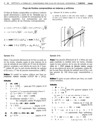 3-52        CAPiTULO   3 - FÓRMULAS Y NOMOGRAMAS PARA FLUJO EN VÁLVULAS, ACCESORIOS Y TUBERíAS                                  CRANE


                           Flujo de fluidos compresibles en toberas y orificios

El fluio de fluidos compresibles en toberas v orificios        d, = diámetro de la tobera u orificio
puede determinarse a partir de las fórmulas que se                    (La pérdida de presión se mide entre tomas situadas a 1 diáme-
dan a continuación, o usando los nomogramas de las                    tro antes y 0.5 diámetro después de la cara de entrada de la to-
páginas siguientes. Los nomogramas son una                            bera u orificio)
solución gráfica de las fórmulas correspondientes.


w = 3.512 x 1O-4 Ydz,Ca          = 3.512 x 10-4 Yd,’ C


W = 1.265 Yd,=CG          = 1.265 Yd,‘C




IL’ = 0.525 Yd?,CdAPpl          = 0.525 YdzlC         $
                                                       1

w = 1 8 9 1 Yd?CdAPp, = 1891 Y d?lC                   AP
                                                      11



Ejemplo 21-a                                                   Ejemplo 21-b

Datos: Una presión diferencial de 0.8 bar se mide en-          Datos: Una presión diferencial de ll .5 libras por pul-
 tre las tomas, situadas según la nota anterior de la          gada cuadrada es medida entre las tomas, situadas
cara de entrada de una tobera de 25 mm de diámetro             según la nota anterior, de la cara de entrada en una
interior, acoplada a una tubería de acero de 2 Pulga-          tobera de 1 .OOO pulgada de diámetro interior, conecta-
das
    cédula 40, por la cual circula dióxido de carbono          da en una tubería de acero de 2 pulgadas, cédula 40,
(CO,) seco, a 7 bar de presión manométrica y 9O“C.             por la cual fluye dióxido de carbono seco (CO?), con
                                                               una presión de 100 libras/pulg? manométricas y
Hállese: El caudal en metros cúbicos por hora en               200°F.
condiciones métricas normales (1.01325 bar y 15’C).
                                                               Hállese: El gasto en pies cúbicos por hora, en condi-
Solución:                                                      ciones normales.
  1.    R= 189
                                                               Solución.
  2.    Sg = 1.529 . . . .para gas CO,; página A-14
                                                                  I.      R          = 35.1
  3.    y = 1.3 /
                                                                 2.      S, = 1.516                      para CO, gaseoso (página A-5)
        Los pasos 3 a 7 se usan para determinar el factor Y.
  4.    P; = p + 1.013 = 7 + 1.013 = 8.013                       3.          k       =    1.28       t
                                                                        Los pasos 3 a 7 se usan para determinar el factor Y.
  5.    APIPI’  = 0.8 + 8.013 = 0.0998
                                                                 4.      P’1 = P + 14.7 = 100 L 14.7 = 114.7
  6,    dz (diámetro entrada) = 52.5 . . . . . tubería
               de 2 pulgadas cédula 40 página B-21               J. AP:P’l                     = I 1.5 + I 14.; = 0.1003
                                                                 6. d? =                  2.067          .,.    Tubería de 2” Céd. 40
   7.   /3 = dl /dz = 25 + 52.5 = 0.476
                                                                                                                         (página B-23)
  8,    Y = 0.93 . . . . . . . . . . . página A-39
                                                                 ,T      $       =       LOO
                                                                                     06; = 0.484 t       2
  9.    c = 1.02 suponiendo flujo turbulento:
                                         página A-38             8. Y = 0.93      p á g i n a        A - 3 9
 10.    T = 273 + t = 273 * 90 = 363                             9.    c  =    1.02 suponiendo flujo turbulento;

 II.    p1 = ll.76 . . . . . . . . . . . . . . página A-18                                          página A-38
                                                                ro. T = 460 + t = 460 + 200 = 660
                                                                II.  “1 = 0.7~         ( p a g i n a A - 1 9 )
 