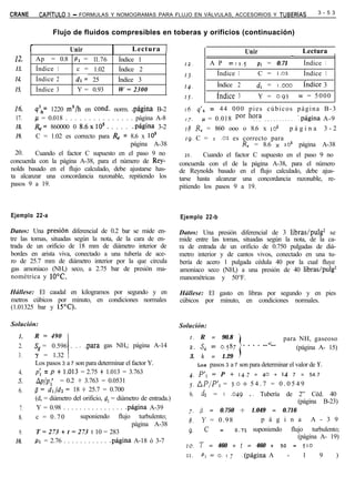 CRANE       CAPíTULO   3 - FORMULAS Y NOMOGRAMAS PARA FLUJO EN VÁLVULAS, ACCESORIOS Y TUBERíAS                                              3 - 5 3


                 Flujo de fluidos compresibles en toberas y orificios (continuación)

                       Unir                     Lectura I                                                Unir                     - 1 Lectura     I
 12.     Ap = 0.8 P1 = ll.76              Índice 1
                                                                    12.              A P       = I 1.5 1 p,        = 0.71          1 Índice 1
 13.     Índice 1  c = 1.02               Índice 2
                                                                    13.                   Índice 1        / C = 1.02 1 Índice 1
 14.     Índice 2  ci,= 25                Índice 3
                                                                    14,                   Índice 2         i dl = I ,000 i            índice 3
 15.     Índice 3         Y = 0.93        W = 2300
                                                                    15.                   índice 3         1 Y = 0.93 1 w = 5 0 0 0
 16.     qlh= 1220 m3/h en cond. norm. .página B-2                  16.  qlh = 4 4 0 0 0 p i e s c ú b i c o s p á g i n a                      B-3
 17.     p = 0.018 . . . . . . . . . . . . . . . página A-8          i7.   p = 0.018 por h?!? ,.,,.,,_... :página                               A-9
 18.     &= 860000 0 8.6~10~. . . . . .página 3-2                    18 R, = 860 ooo o 8.6 x 10~             página                             3-2
 19.     C = 1.02 es correcto para & = 8.6 x 10’                     19. C = I .oz es correcto para
                                               página A-38                              R, = 8.6 x io5 página                                A-38
  20.    Cuando el factor C supuesto en el paso 9 no                20.     Cuando el factor C supuesto en el paso 9 no
concuerda con la página A-38, para el número de Rey-               concuerda con el de la página A-38, para el número
nolds basado en el flujo calculado, debe ajustarse has-            de Reynolds basado en el flujo calculado, debe ajus-
ta alcanzar una concordancia razonable, repitiendo los             tarse hasta alcanzar una concordancia razonable, re-
pasos 9 a 19.                                                      pitiendo los pasos 9 a 19.



Ejemplo 22-a                                                       Ejemplo 22-b

Datos: Una presibn diferencial de 0.2 bar se mide en-              Datos: Una presión diferencial de 3 libras/pulg* se
tre las tomas, situadas según la nota, de la cara de en-           mide entre las tomas, situadas según la nota, de la ca-
trada de un orificio de 18 mm de diámetro interior de              ra de entrada de un orificio de 0.750 pulgadas de diá-
bordes en arista viva, conectado a una tubería de ace-             metro interior y de cantos vivos, conectado en una tu-
ro de 25.7 mm de diámetro interior por la que circula              bería de acero 1 pulgada cédula 40 por la cual fluye
gas amoniaco (NH,) seco, a 2.75 bar de presión ma-                 amoniaco seco (NH,) a una presión de 40 libras/pulg*
nométrica y lOoC.                                                  manométricas y 50°F.

Hállese: El caudal en kilogramos por segundo y en                  Hállese: El gasto en libras por segundo y en pies
metros cúbicos por minuto, en condiciones normales                 cúbicos por minuto, en condiciones normales.
(1.01325 bar y 15’C).

Solución:                                                          Solución:
   1.    R = 490                                                       I.   R        =     90.8                           para NH, gaseoso
   2.    Sg = 0.596 . . . .para gas NH,; página A-14                                 =     o,587      . . . . ...<...
                                                                      2. s,                                                   (página A- 15)
   3.    y = 1.32 l                                                   3.     k       =     1.29
         Los pasos 3 a 7 son para determinar el factor Y.                    pasos 3 a 7 son para determinar el valor de Y.
                                                                            Los
  4.      p; = p + 1.013 = 2.75 + 1.013 = 3.763                       4. P’1 = P + 14.7        = 40 + IA 7 = 54.7
  5.      APIP:    = 0.2 + 3.763 = 0.0531                             fí, AP/P’, = 3.0 + 5 4 . 7 = 0 . 0 5 4 9
  6.     /3 = dl/dz = 18 + 25.7 = 0.700
                                                                      6.     dz          = I   ,049       _.     Tubería de 2” Céd. 40
         (d, = diámetro del orificio, d, = diámetro de entrada.)                                                            (página B-23)
   7.     Y = 0.98 . . . . . . . . . . . . . . . .página A-39         7,    6        =    0.750      +     1.049     =   0.716
   8.     c = 0.70         suponiendo flujo turbulento;                                                           p á g i n a A - 3 9
                                                                      8.     Y = 0.98
                                                   página A-38
  9.      T = 273 t t = 273 t 10 = 283                                9.         c         =      0.71         suponiendo flujo turbulento;
                                                                                                                             (página A- 19)
 10.     p1 = 2.76 . . . . . . . . . . . .página A-18 ó 3-7
                                                                     IO.    T = 460 + t = 460 +                          50       =   510
                                                                     II.     PI = 0. I 7              .(página A              -       1     9         )
 
