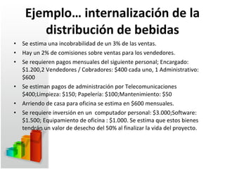 Ejemplo… internalización de la distribución de bebidas Se estima una incobrabilidad de un 3% de las ventas. Hay un 2% de comisiones sobre ventas para los vendedores. Se requieren pagos mensuales del siguiente personal; Encargado: $1.200,2 Vendedores / Cobradores: $400 cada uno, 1 Administrativo: $600 Se estiman pagos de administración por Telecomunicaciones $400;Limpieza: $150; Papelería: $100;Mantenimiento: $50 Arriendo de casa para oficina se estima en $600 mensuales. Se requiere inversión en un  computador personal: $3.000;Software: $1.500; Equipamiento de oficina : $1.000. Se estima que estos bienes tendrán un valor de desecho del 50% al finalizar la vida del proyecto.   