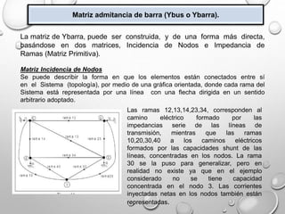 Matriz admitancia de barra (Ybus o Ybarra).
La matriz de Ybarra, puede ser construida, y de una forma más directa,
basándose en dos matrices, Incidencia de Nodos e Impedancia de
Ramas (Matriz Primitiva).
Matriz Incidencia de Nodos
Se puede describir la forma en que los elementos están conectados entre sí
en el Sistema (topología), por medio de una gráfica orientada, donde cada rama del
Sistema está representada por una línea con una flecha dirigida en un sentido
arbitrario adoptado.
Las ramas 12,13,14,23,34, corresponden al
camino eléctrico formado por las
impedancias serie de las líneas de
transmisión, mientras que las ramas
10,20,30,40 a los caminos eléctricos
formados por las capacidades shunt de las
líneas, concentradas en los nodos. La rama
30 se la puso para generalizar, pero en
realidad no existe ya que en el ejemplo
considerado no se tiene capacidad
concentrada en el nodo 3. Las corrientes
inyectadas netas en los nodos también están
representadas.
 