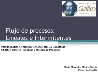 Flujo de procesos:
Lineales e Intermitentes
María Mercedes Muñoz García
Carné: 14009989
POSTGRADO ADMINISTRACION DE LA CALIDAD
CURSO: Diseño , Análisis y Mejora de Procesos
 