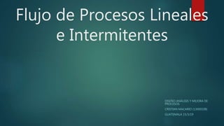 Flujo de Procesos Lineales
e Intermitentes
DISEÑO ANÁLISIS Y MEJORA DE
PROCESOS
CRISTIAN MACARIO (13000108)
GUATEMALA 15/3/19
 