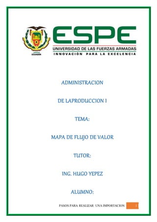 PASOS PARA REALIZAR UNA IMPORTACION 1
ADMINISTRACION
DE LAPRODUCCION I
TEMA:
MAPA DE FLUJO DE VALOR
TUTOR:
ING. HUGO YEPEZ
ALUMNO:
 