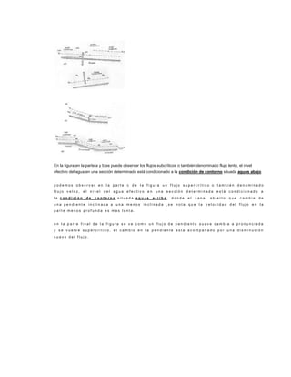 En la figura en la parte a y b se puede observar los flujos subcríticos o también denominado flujo lento, el nivel
efectivo del agua en una sección determinada está condicionado a la condición de contorno situada aguas abajo.


podemos observar en la parte c de la figura un flujo supercrítico o también denominado
flujo veloz, el nivel del agua efectivo en una sección determinada está condicionado a
la condición      de   contorno situada aguas           arriba,    donde     el   canal   abierto   que    cambia    de
una pendiente inclinada a una menos inclinada ,se nota que la velocidad del flujo en la
parte menos profunda es mas lenta.


en la parte final de la figura se ve como un flujo de pendiente suave cambia a pronunciada
y se vuelve supercrítico. el cambio en la pendiente esta acompañado por una disminución
suave del flujo.
 