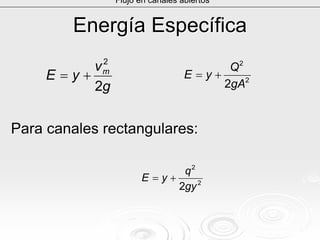 Energía EspecíficaEnergía Específica
Para canales rectangulares:Para canales rectangulares:
Flujo en canales abiertos
g
v
yE m
2
2
+= 2
2
2gA
Q
yE +=
2
2
2gy
q
yE +=
 