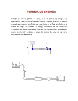 También es llamada pérdida de carga, y es la pérdida de energía que
experimentan los líquidos que fluyen en tuberías y canales abiertos. La energía
necesaria para vencer los efectos del rozamiento en el flujo turbulento es la
pérdida de carga. Las pérdidas de energía localizadas en las turbulencias
incluidas por las piezas especiales y los accesorios que se utilizan en tuberías y
canales son también pérdidas de carga. La pérdida de carga se representa
habitualmente por el símbolo h.
 