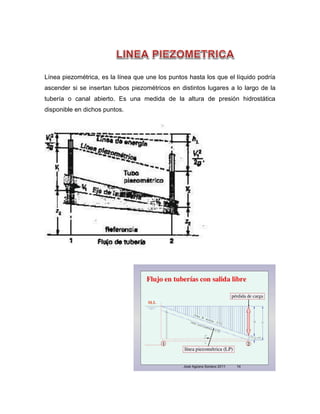 Línea piezométrica, es la línea que une los puntos hasta los que el líquido podría
ascender si se insertan tubos piezométricos en distintos lugares a lo largo de la
tubería o canal abierto. Es una medida de la altura de presión hidrostática
disponible en dichos puntos.
 