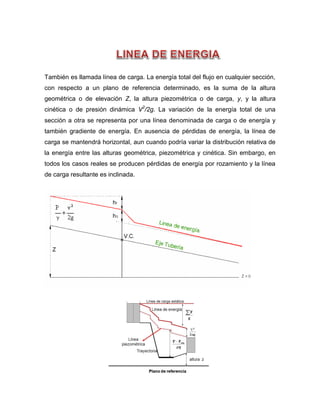 También es llamada línea de carga. La energía total del flujo en cualquier sección,
con respecto a un plano de referencia determinado, es la suma de la altura
geométrica o de elevación Z, la altura piezométrica o de carga, y, y la altura
cinética o de presión dinámica V2
/2g. La variación de la energía total de una
sección a otra se representa por una línea denominada de carga o de energía y
también gradiente de energía. En ausencia de pérdidas de energía, la línea de
carga se mantendrá horizontal, aun cuando podría variar la distribución relativa de
la energía entre las alturas geométrica, piezométrica y cinética. Sin embargo, en
todos los casos reales se producen pérdidas de energía por rozamiento y la línea
de carga resultante es inclinada.
 