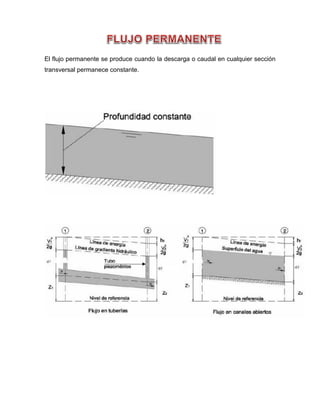 El flujo permanente se produce cuando la descarga o caudal en cualquier sección
transversal permanece constante.
 