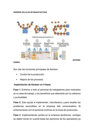 DISEÑAR CELULAS DE MANUFACTURA
SISTEMA
KANBA
Son dos las funciones principales de Kanban:
 Control de la producción
 Mejora de los procesos
Implantación de Kanban en 4 fases
Fase 1. Entrenar a todo el personal de trabajadores para motivarlos
en su área de trabajo, y los beneficios que obtendrán por su esfuerzo
y puntualidad.
Fase 2. Esto ayuda a implementar, manufactura y para resaltar los
problemas escondidos en la empresa tele comunicadora. El
entrenamiento con el personal continúa en la línea de producción.
Fase 3. Implementando camba en la empresa tendremos, ventajas
se deben tomar en cuenta todas las opiniones de los operadores ya
 