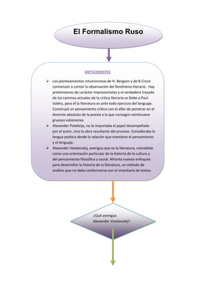 El Formalismo Ruso<br />ANTECEDENTESLos planteamientos intuicionistas de H. Bergson y de B.Croce comienzan a contar la observación del fenómeno literario.  Hay pretensiones de carácter impresionistas y el verdadero trazado de los caminos actuales de la crítica literaria se Debe a Paul Valéry, para él la literatura es ante todo ejercicio del lenguaje. Construyó un pensamiento crítico con el afán de penetrar en el dominio absoluto de la poesía a la que consagro veintinueve gruesos volúmenes Alexander Potebnja, no le importaba el papel desempeñado por el autor, sino la obra resultante del proceso. Consideraba la lengua poética desde la relación que mantiene el pensamiento y el lenguaje. Alexander Veselovskij, averigua que es la literatura, concebida como una orientación particular de la historia de la cultura y del pensamiento filosófico y social. Afronta nuevos enfoques para desarrollar la historia de la literatura, un método de análisis que no deba conformarse con el inventario de textos.              <br />¿Qué averiguo Alexander Veselovskij?<br />                                                                             <br />El Marco HistóricoEl pensamiento de estos dos autores Potebnja y Veselovskij, configuro el ámbito natural del que nacieron las ideas formalistas, tres corrientes conforman el desarrollo de estas actitudes renovadoras, centradas en los análisis de los elementos formales del lenguaje literario.En un principio, en torno a 1914-1915, se funda el círculo lingüístico de Moscú, destacaban los jóvenes Román Jakobson, Pettr Bogatirevy G.O Vinokur. Que entran en contacto  con las extremadas determinaciones de los cubistas y sobre todo de los futuristas.De modo simultaneo en 1916, en Leningrado, se funda la OPOIAZ(o sociedad para el estudio del lenguaje poético) en la que destacaron Viktor Sklovskij, Boris Eichenbaum y Sergei Bernstein; sus planteamientos no concedían al espacio lingüístico la importancia que le dieron los moscovitas.   Por último y también en Leningrado en 1920 la presencia de Viktor Zirmunskij como jefe del departamento de historia literaria, permite involucrar en estas teorías una nueva concepción de la historia de la literatura, basada en cuestiones lingüísticas.<br />¿Qué permite Leningrado en 1920?                                                                                   <br />                                                                           <br />Métodos y ObjetivosLa naturaleza peculiar de sus elementos poéticos, lo que ha acabado por dominarse la noción de la literariedad. la poesía posee una especial unidad orgánica por la que los elementos sintácticos y rítmicos adquieren una identidad exclusiva alejada de la del lenguaje cotidiano, sobre esta base se asentaron los trabajos sobre la prosa literaria , bosquejados por  V. Sklovskij y B. Eichenbaum, en los que daban prioridad a los elementos formales de la composición. De una manera muy sintáctica la literatura determina específicas perspectivas sobre la realidad, alejada así de los valores prácticos de la comunicación lingüística.<br />¿De que trata la poesía?<br />                                                               <br />Fundamentos de una investigación poética.En primer lugar, la pretensión de descubrir la literariedad recomendando indagar sobre las propiedades universales de la literatura.En segundo lugar, esta orientación es la que posibilita un estudio científico de la literatura.En tercer lugar, la trascendencia que se otorga a la forma, hasta el punto de permitir la afirmación de que el contenido está condicionado sustancialmente por la naturaleza formal del lenguaje literario.En cuarto lugar, la prevención de que una obra literaria no es su contenido, sino la materialidad formal con que esas ideas han sido expresadas.El quinto, las orientaciones que han de guiar la explicación de los textos: lo que B. Eichenbaum denomino la teoría del (método formal) es  la ´´forma ´´la que otorga la integridad a la obra artística.El sexto, hay que destacar el valor que se concede al termino ´´función ´´ (luego básico en la teoría del lenguaje literario de Jakobson) con el que se pretendía traer líneas concretas de acceso interior de los textos en efecto si estos constituyen un sistema.El séptimo lugar, valorar la literatura como construcción lingüística dinámica tal como la formula Tinianoy como los principales hallazgos de esta corriente.<br />¿cómo se debe valorar la literatura?<br />                                                        <br />Dominios formales del análisis poéticoR. Jakobson : la función estética , lo importante es que en 1921, el marco de estas investigaciones futuras queda ya asegurado cuando afirma que    ´´ la poesía es el lenguaje en su función estética´´ incidiendo en la particularidad del –desvío- de la lengua cotidiana y de sus –automatismos-como rasgo dominante de la construcción poética. Con esta base llego a bosquejar un mínimo planteamiento de historia literaria. De muestra que la poesía es un lenguaje ordenado hacia una expresión concreta.V.Sklovskij: el arte como artificio, a este proceso de normalización, el arte introduce una serie de rupturas, de deformaciones que provocan sorpresa y extrañamiento en el receptor ofreciéndoles perspectivas insólitas de esos objetos o de esas relaciones que el producto artístico. No son las imagines a lo que podría llamarse el plano del contenido. Menciona que el verso esta contenido por sonidos que carecen de relaciones concretas con las imágenes del lenguaje cotidiano y que por lo mismo se lleva a configurar imágenes verbales autónomas.Análisis formalista sobre la estructuras narrativas: los formalistas separaron nociones como –fabula-y –estructura – o –trama- narrativa indicando que solo esta es la merecedora de análisis literario, la aportación más significativa del grupo la constituye esta noción de -trama- que llega a implicar componentes formales y sobre todo semánticos en el proceso de la construcción narrativa. Trama, surge de una combinación más o menos intencionada de una serie de –motivos- y motivo era la unidad mínima de que podía dividirse la trama. V. Propp: la morfología del cuento, logra determinar un amplio modelo de análisis del relato con fijo una serie de elementos constantes, como las series de personajes y las relaciones argumentales.<br />Propp, busco el modo de individualizar estas mínimas unidades de contenido a fin de configurar con ellas las relaciones temáticas que dan sentido al cuento , para ello distingue entre elementos variables y constantes a los que denomina funciones.De la historia de la literatura a los géneros literarios: estos teóricos parecieron interesarse por valoraciones globales del fenómeno literario, relativas a la ordenación de los materiales observados y al comportamiento genético de los textos analizados.Rasgos de género literario asociados con las valoraciones de – desvío – o de – extrañamiento-determinadas en otros trabajos de grupos.<br />¿En qué se interesaron los teóricos?<br />                                                                       <br />ConclusiónPara finalizar nos damos cuenta que es de mucha importancia el formalismo ruso ya que por medio de estos autores aprendemos como fue el inicio de la literatura y cuáles fueron sus primeros análisis, y cuáles fueron los intelectuales que se interesaron por ir descubriendo cada uno de los grandes valores que hoy tiene así también que cada uno de ellos son una base para el análisis de la literatura ya que cada autor tiene su mecanismo de análisis según su criterio. EL FORMALISMO  RUSO<br />