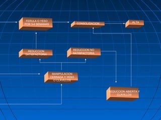 FERULA O YESO 
POR 3-4 SEMANAS 
REDUCCION 
SATISFACTORIA 
MANIPULACION 
CERRADA Y YESO 
O CLAVILLOS 
CONSOLIDACION 
REDUCCION NO 
SATISFACTORIA 
ALTA 
REDUCCION ABIERTA Y 
CLAVILLOS 
 