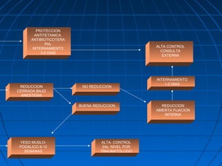 PROTECCION 
ANTITETANICA. 
ANTIBIOTICOTERA 
PIA. 
INTERNAMIENTO 
3-5 DIAS 
REDUCCION 
CERRADA BAJO 
ANESTESIA 
YESO MUSLO-PODALICO 
8-12 
SEMANAS 
NO REDUCCION 
BUENA REDUCCION 
ALTA. CONTROL 
2do. NIVEL POR 
TRAUMATOLOGO 
ALTA CONTROL 
CONSULTA 
EXTERNA 
INTERNAMIENTO 
1-2 DIAS 
REDUCCION 
ABIERTA FIJACION 
INTERNA 
