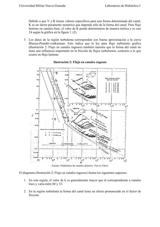 Universidad Militar Nueva Granada

Laboratorio de Hidráulica I

Debido a que V y R tienen valores específicos para una forma determinada del canal,
K es un factor puramente numérico que depende sólo de la forma del canal. Para flujo
laminar en canales lisos, el valor de K puede determinarse de manera teórica y es casi
24 según la gráfica en la figura 1. (2)
3. Los datos de la región turbulenta corresponden con buena aproximación a la curva
Blasius-Prandtl-vonKarman. Esto indica que la ley para flujo turbulento grafica
(Ilustración 2: Flujo en canales rugosos) también muestra que la forma del canal no
tiene una influencia importante en la fricción de flujos turbulentos, contrario a lo que
ocurre en flujo laminar.
Ilustración 2: Flujo en canales rugosos

Fuente: Hidráulica de canales abiertos. Ven te Chow

El diagrama (Ilustración 2: Flujo en canales rugosos) ilustra los siguientes aspectos:
1. En esta región, el valor de k es generalmente mayor que el correspondiente a canales
lisos y varía entre 60 y 33.
2. En la región turbulenta la forma del canal tiene un efecto pronunciado en el factor de
fricción.

 