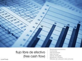 Lionel Pineda
ﬂujo libre de efectivo
(free cash ﬂow)
Rendimiento económico

Inversiones

Vida económica

Valor terminal

Valores residuales

Beneﬁcios y Costos

Métodos de valuación más comunes
 