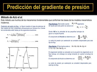 Método de Aziz et al.
Éste método usa muchos de los mecanismos fundamentales que conforman las bases de los modelos mecanísticos
modernos.
Predicción del patrón de flujo. La figura muestra el mapa de patrones de
flujo usados por Aziz, presentado primeramente por Goviera et al. Donde
las coordenadas están dadas por las siguientes ecuaciones:
Flujo Burbuja. Éste existe cuando El colgamiento
de líquido para este patrón se calcula con:
Donde Vbf es la velocidad de las pequeñas burbujas de
gas en un líquido fluyente.
El componente de fricción se determina con:
La caida de presión por aceleración se consideró despreciable para este
tipo de flujo.
Flujo Bache. El flujo bache existe si
O
El colgamiento también es calculado con la ecuación de colgamiento en el
flujo burbuja, sin embargo se corrige tomando en cuenta la burbuja de
Taylor.
El componente de fricción se determina con:
La caída de presión por aceleración se consideró despreciable para
este tipo de flujo.
 