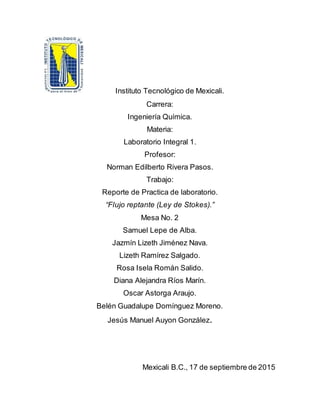 Instituto Tecnológico de Mexicali.
Carrera:
Ingeniería Química.
Materia:
Laboratorio Integral 1.
Profesor:
Norman Edilberto Rivera Pasos.
Trabajo:
Reporte de Practica de laboratorio.
“Flujo reptante (Ley de Stokes).”
Mesa No. 2
Samuel Lepe de Alba.
Jazmín Lizeth Jiménez Nava.
Lizeth Ramírez Salgado.
Rosa Isela Román Salido.
Diana Alejandra Ríos Marín.
Oscar Astorga Araujo.
Belén Guadalupe Domínguez Moreno.
Jesús Manuel Auyon González.
Mexicali B.C., 17 de septiembre de 2015
 