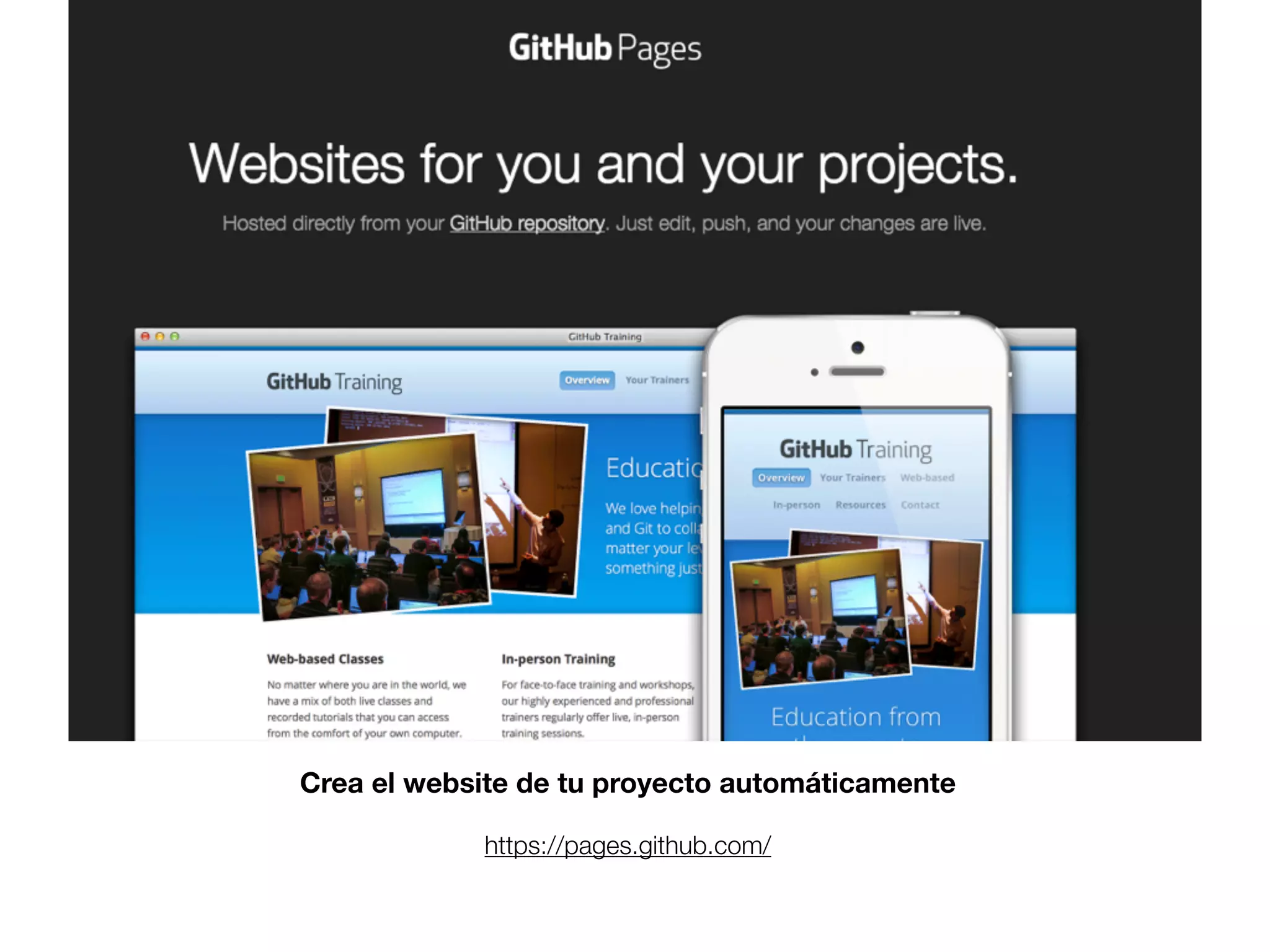 Crea el website de tu proyecto automáticamente 
https://pages.github.com/ 
 