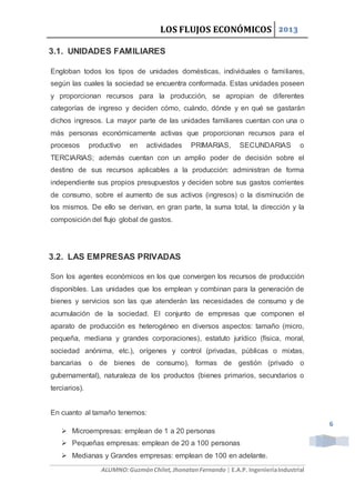 LOS FLUJOS ECONÓMICOS 2013
ALUMNO:GuzmánChilet,JhonatanFernando | E.A.P. IngenieríaIndustrial
6
3.1. UNIDADES FAMILIARES
Engloban todos los tipos de unidades domésticas, individuales o familiares,
según las cuales la sociedad se encuentra conformada. Estas unidades poseen
y proporcionan recursos para la producción, se apropian de diferentes
categorías de ingreso y deciden cómo, cuándo, dónde y en qué se gastarán
dichos ingresos. La mayor parte de las unidades familiares cuentan con una o
más personas económicamente activas que proporcionan recursos para el
procesos productivo en actividades PRIMARIAS, SECUNDARIAS o
TERCIARIAS; además cuentan con un amplio poder de decisión sobre el
destino de sus recursos aplicables a la producción: administran de forma
independiente sus propios presupuestos y deciden sobre sus gastos corrientes
de consumo, sobre el aumento de sus activos (ingresos) o la disminución de
los mismos. De ello se derivan, en gran parte, la suma total, la dirección y la
composición del flujo global de gastos.
3.2. LAS EMPRESAS PRIVADAS
Son los agentes económicos en los que convergen los recursos de producción
disponibles. Las unidades que los emplean y combinan para la generación de
bienes y servicios son las que atenderán las necesidades de consumo y de
acumulación de la sociedad. El conjunto de empresas que componen el
aparato de producción es heterogéneo en diversos aspectos: tamaño (micro,
pequeña, mediana y grandes corporaciones), estatuto jurídico (física, moral,
sociedad anónima, etc.), orígenes y control (privadas, públicas o mixtas,
bancarias o de bienes de consumo), formas de gestión (privado o
gubernamental), naturaleza de los productos (bienes primarios, secundarios o
terciarios).
En cuanto al tamaño tenemos:
 Microempresas: emplean de 1 a 20 personas
 Pequeñas empresas: emplean de 20 a 100 personas
 Medianas y Grandes empresas: emplean de 100 en adelante.
 